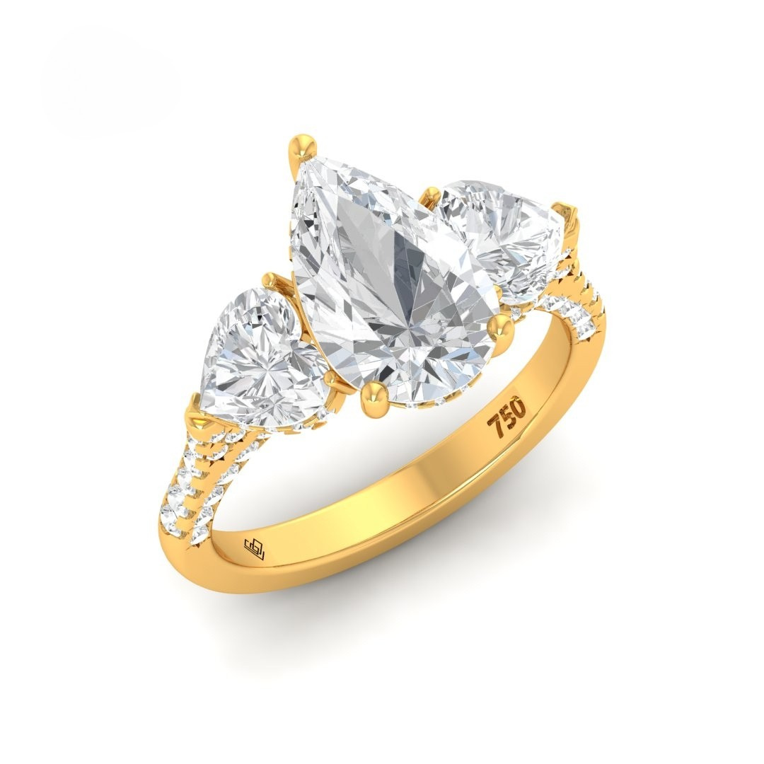 Victoria Pear Cut Diamond Engagement Ring with Heart Cut Side Diamonds and 3D Diamond Band