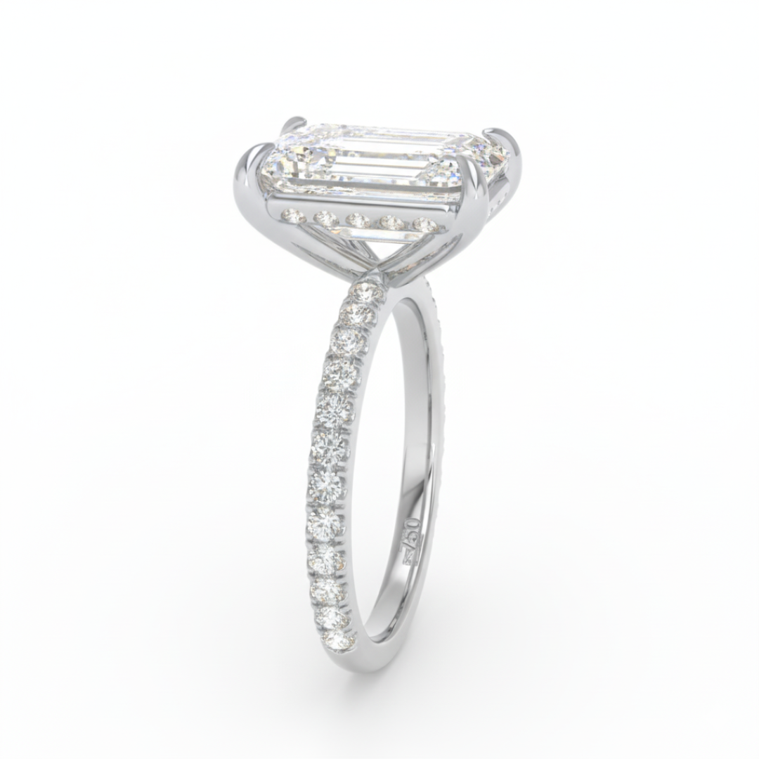 Chloé Emerald Cut Diamond Engagement Ring with Diamond Hidden Halo and Diamond Band