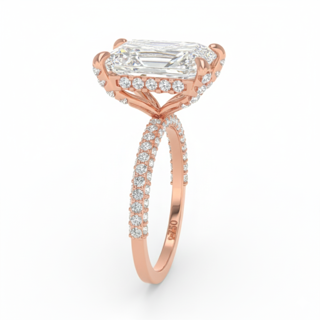 Bague de fiançailles Mia en diamant taille radiant avec halo de diamants cachés et anneau en diamant 3D