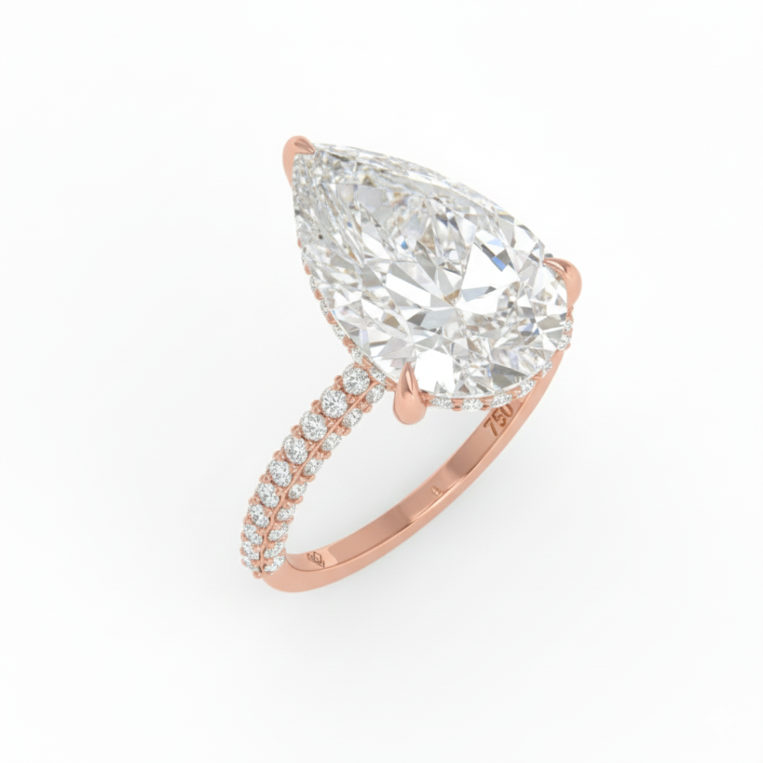 Bague de fiançailles Mia en diamant taille poire avec halo de diamants cachés et anneau en diamant 3D