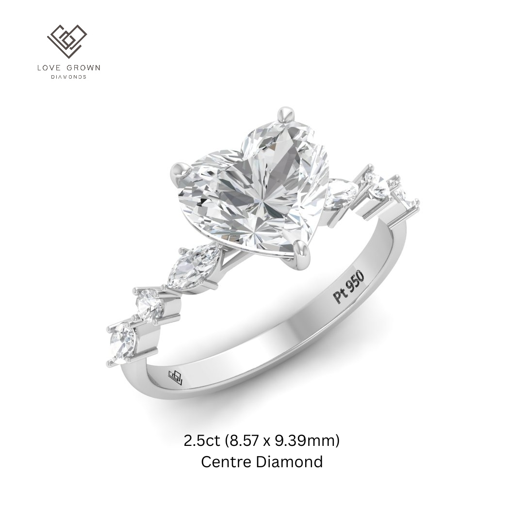 Elizabeth Heart Cut Diamond Engagement Ring With A Marquise and Round Cut Diamond Band