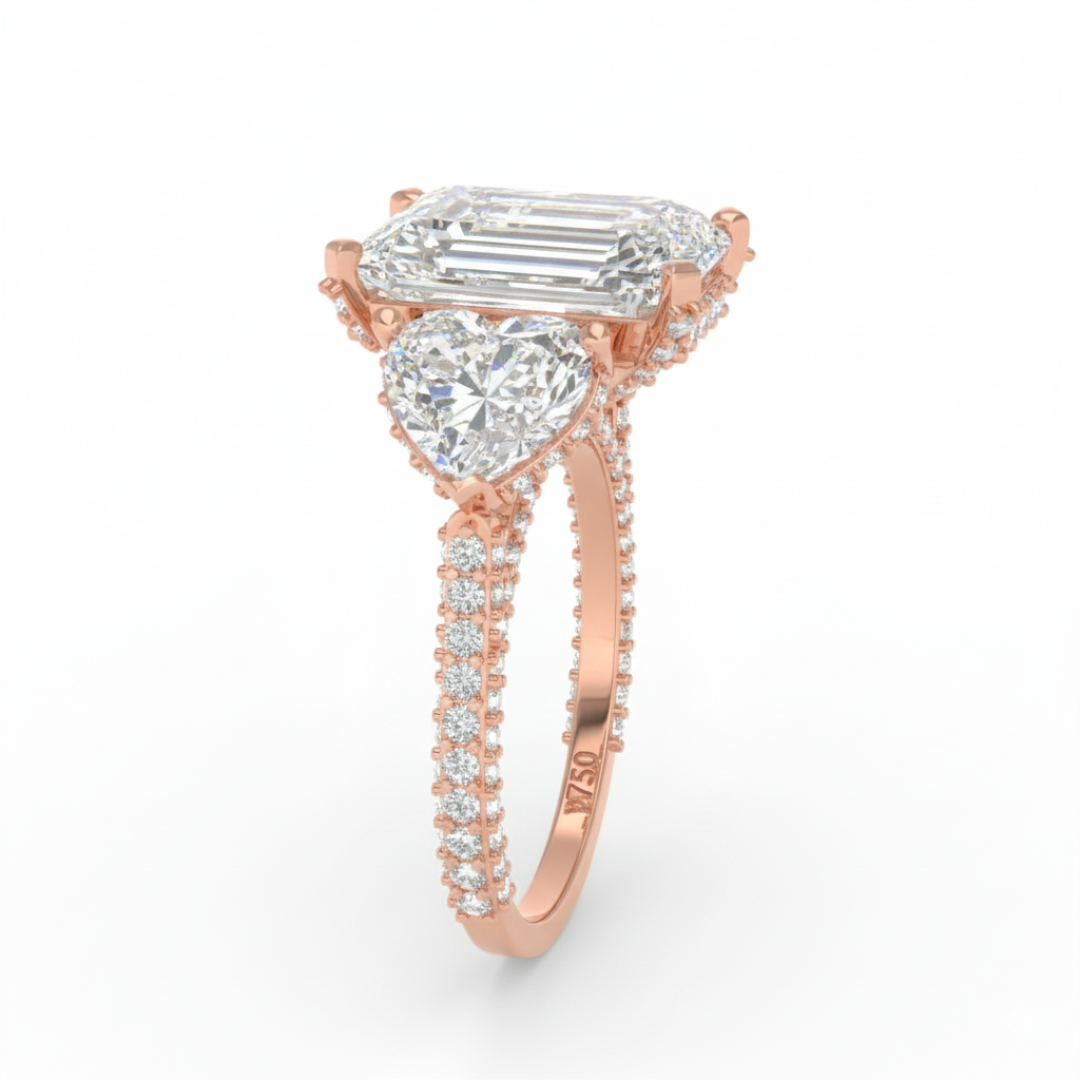 Victoria Radiant Cut Diamond Engagement Ring with Heart Cut Side Diamonds and 3D Diamond Band