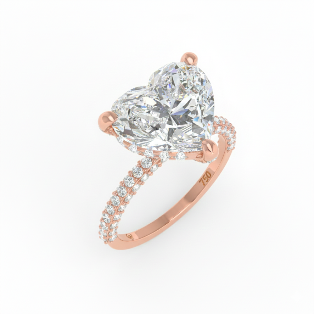 Bague de fiançailles Mia en diamant taille cœur avec halo de diamants cachés et anneau en diamant 3D