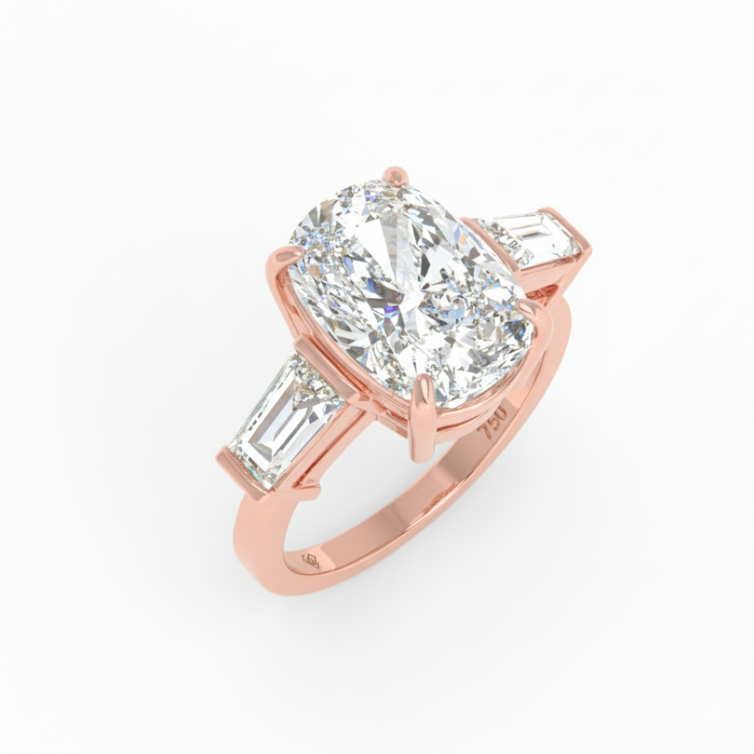 Mary Cushion Cut Diamond Engagement Ring with Tapering Baguette Cut Side Diamonds