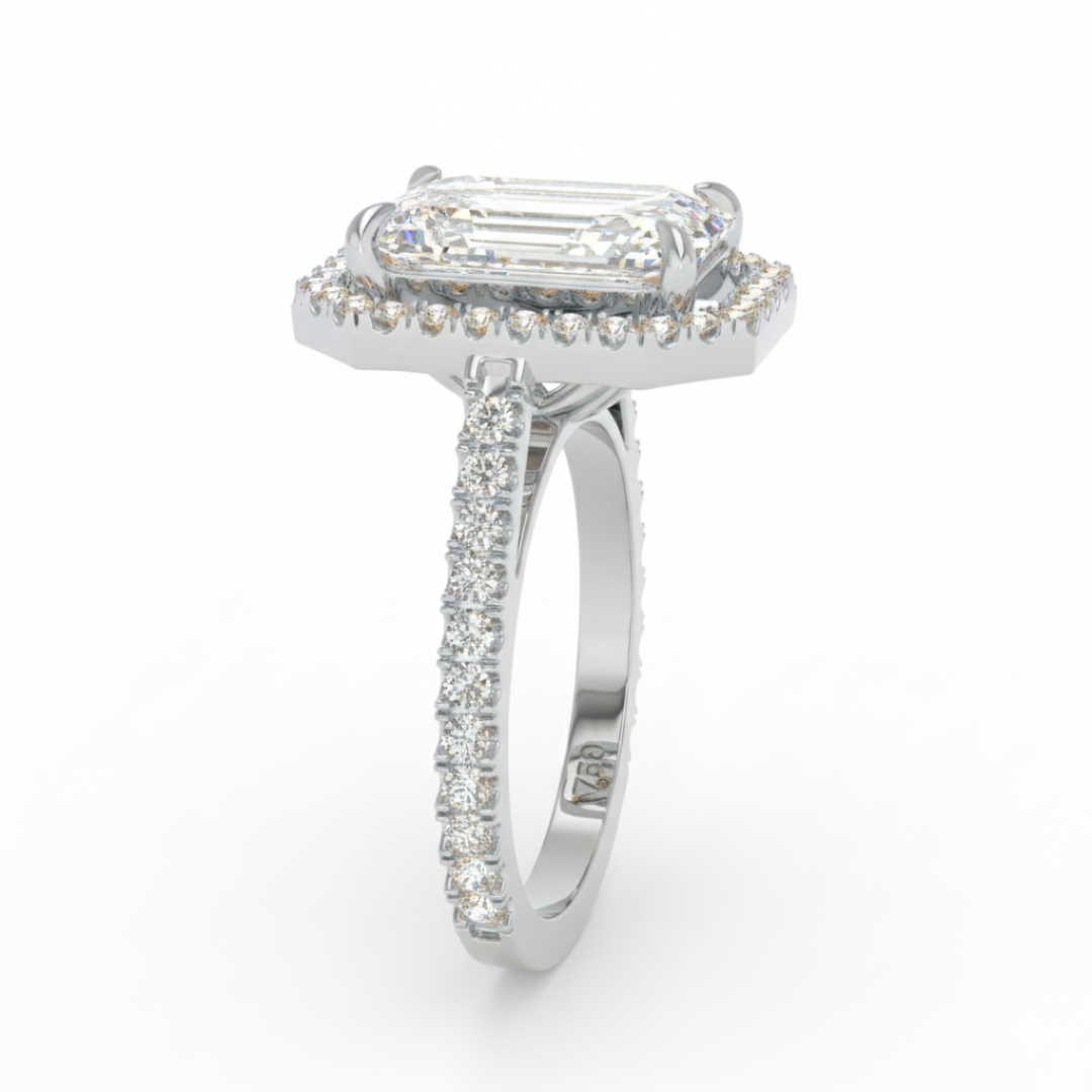 Bella Emerald Cut Diamond Engagement Ring with Diamond Halo & Diamond Band