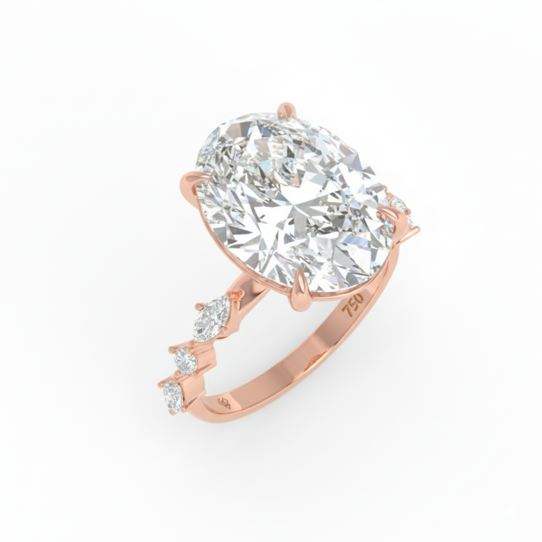 Elizabeth Oval Cut Diamond Engagement Ring With A Marquise And Round Cut Diamond Band.