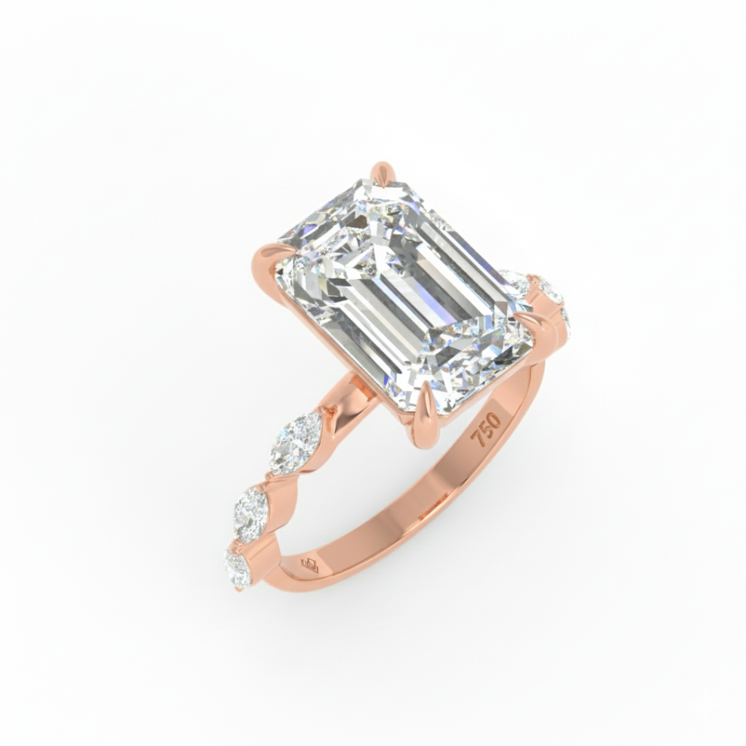 卡桑德拉祖母綠切割鑽石訂婚戒指,搭配馬眼形切割鑽石戒圈