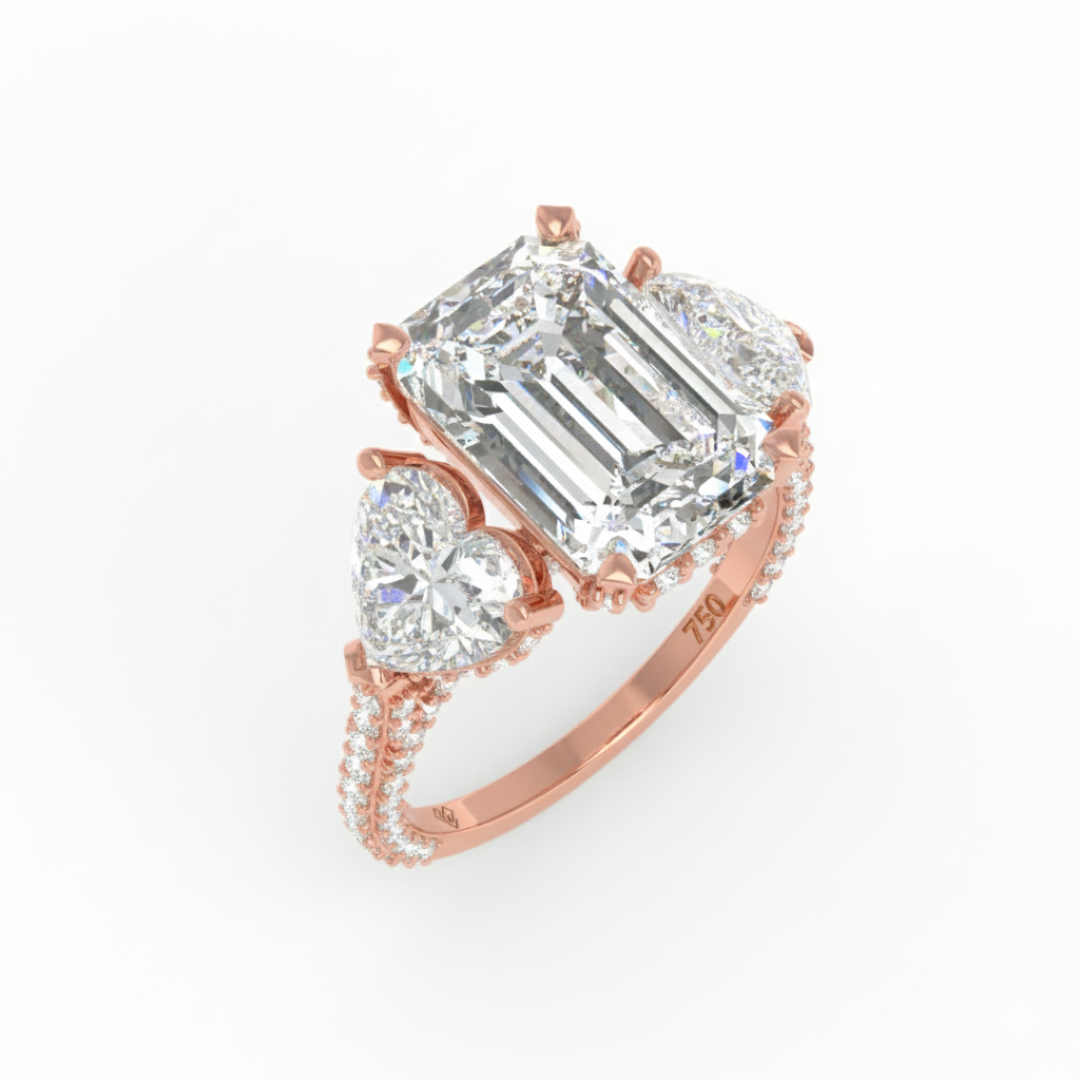 Victoria Emerald Cut Diamond Engagement Ring with Heart Cut Side Diamonds and 3D Diamond Band
