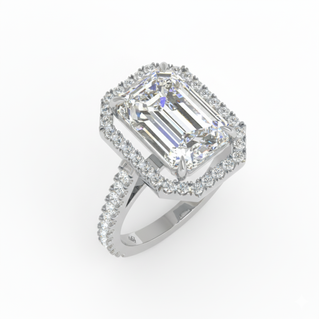 Bella Emerald Cut Diamond Engagement Ring with Diamond Halo & Diamond Band