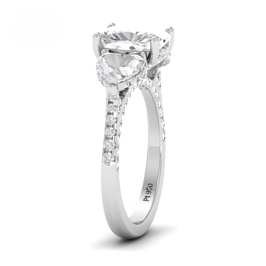 Victoria Cushion Cut Diamond Engagement Ring with Heart Cut Side Diamonds and 3D Diamond Band