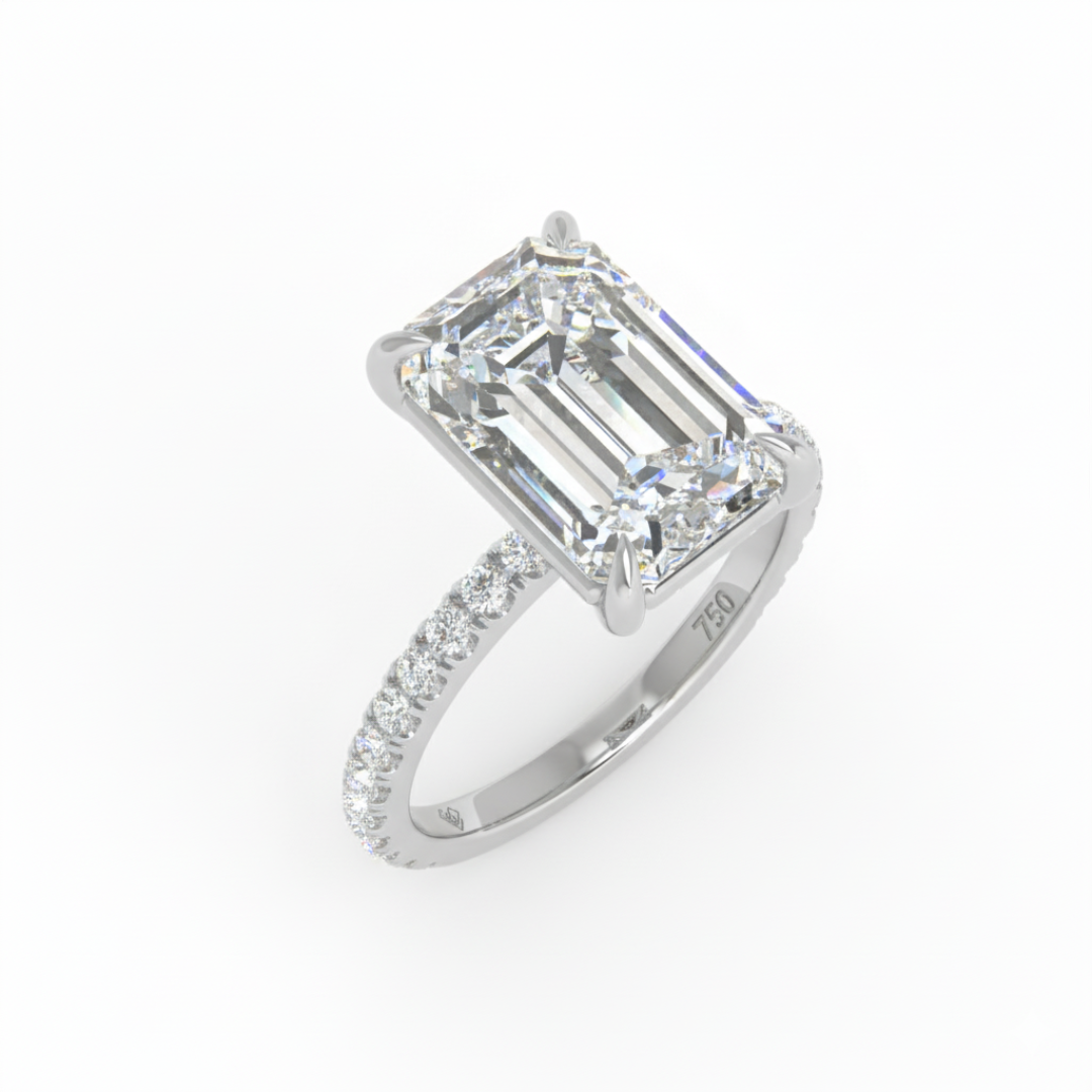 Chloé Emerald Cut Diamond Engagement Ring with Diamond Hidden Halo and Diamond Band