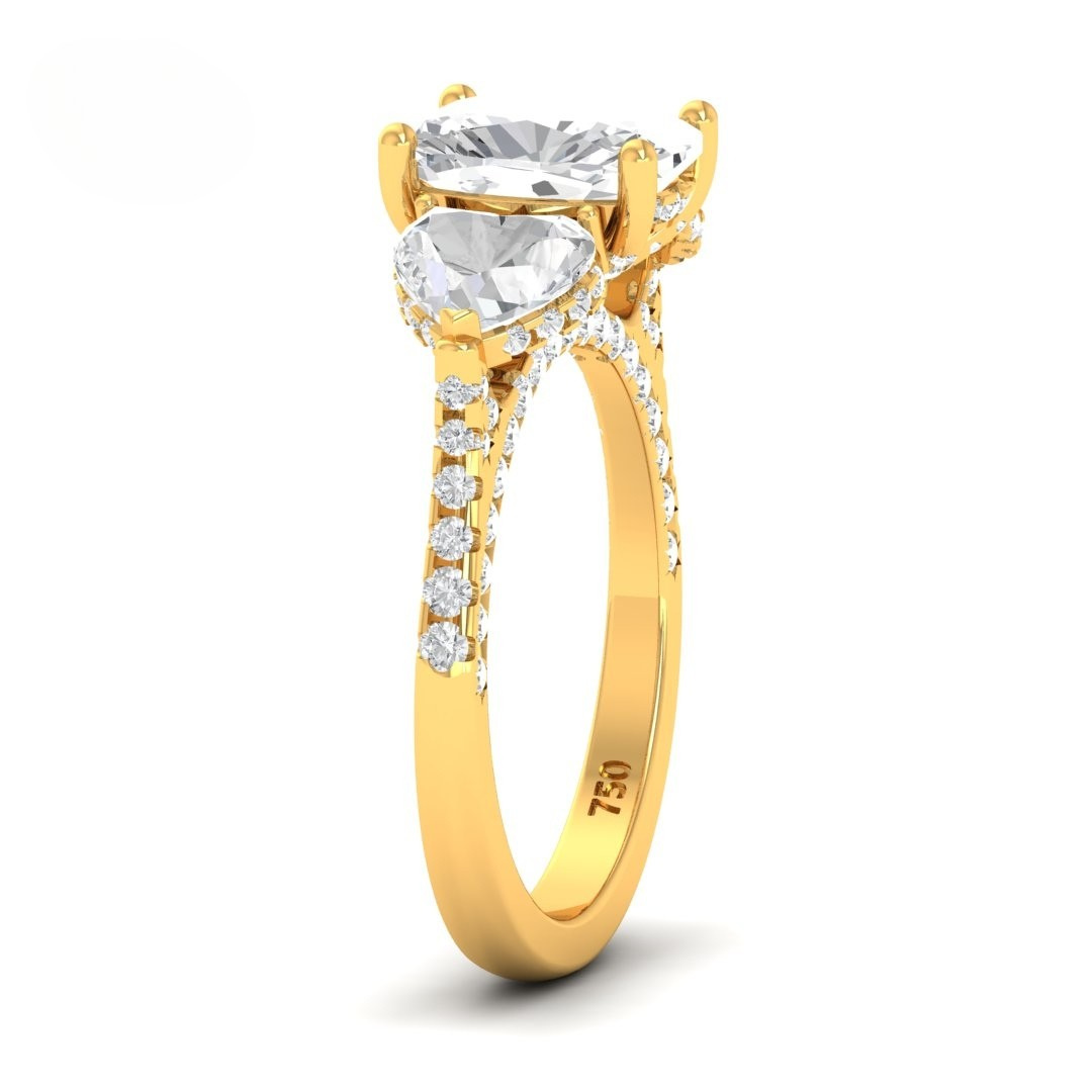 Victoria Cushion Cut Diamond Engagement Ring with Heart Cut Side Diamonds and 3D Diamond Band