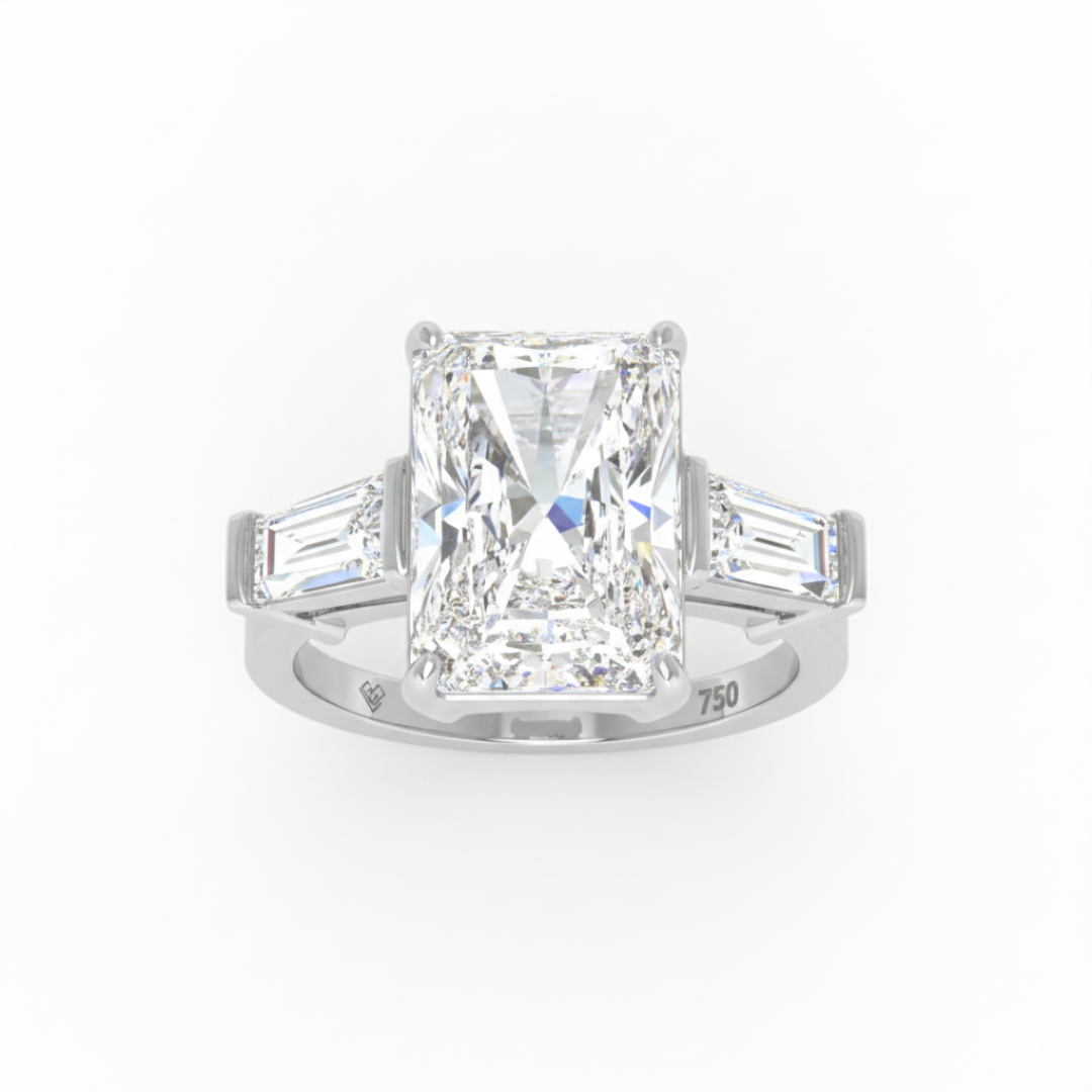 Bague de fiançailles Mary en diamant taille radiant avec diamants latéraux taille baguette effilée