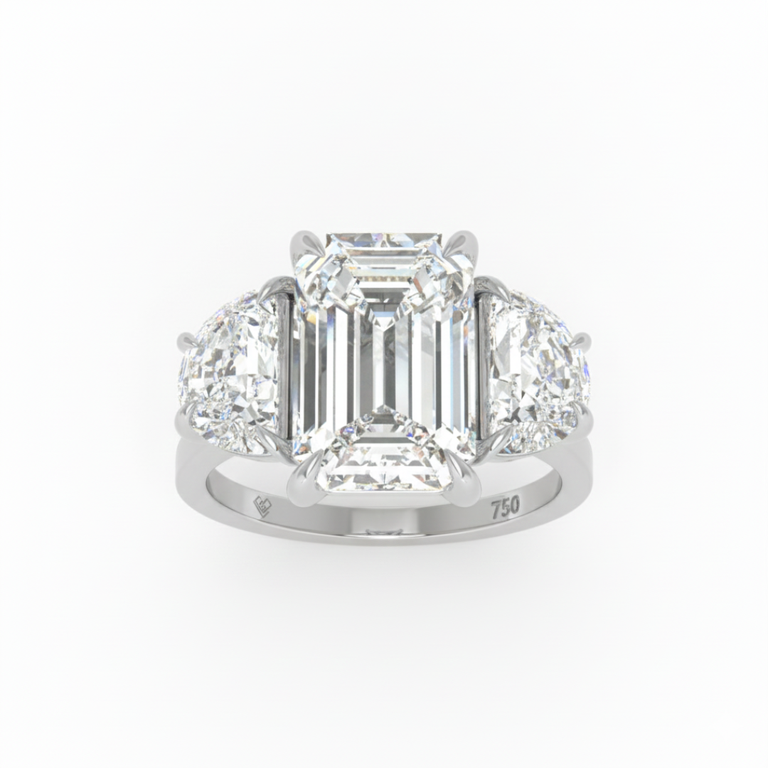 Kamala Emerald Cut Diamond Engagement Ring with Half Moon Cut Sides Diamonds
