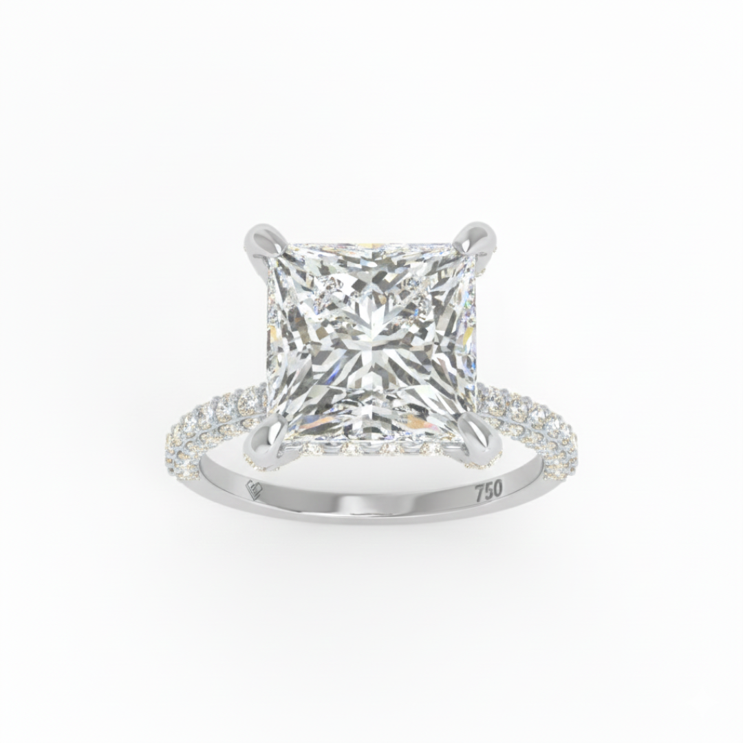 Bague de fiançailles Mia en diamant taille princesse avec halo de diamants cachés et anneau en diamant 3D