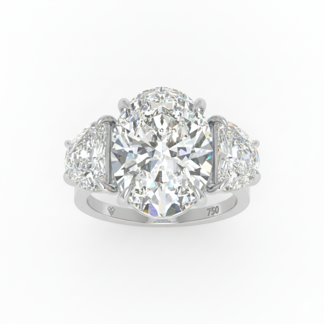 Kamala Oval Cut Diamond Engagement Ring with Half Moon Cut Side Diamonds