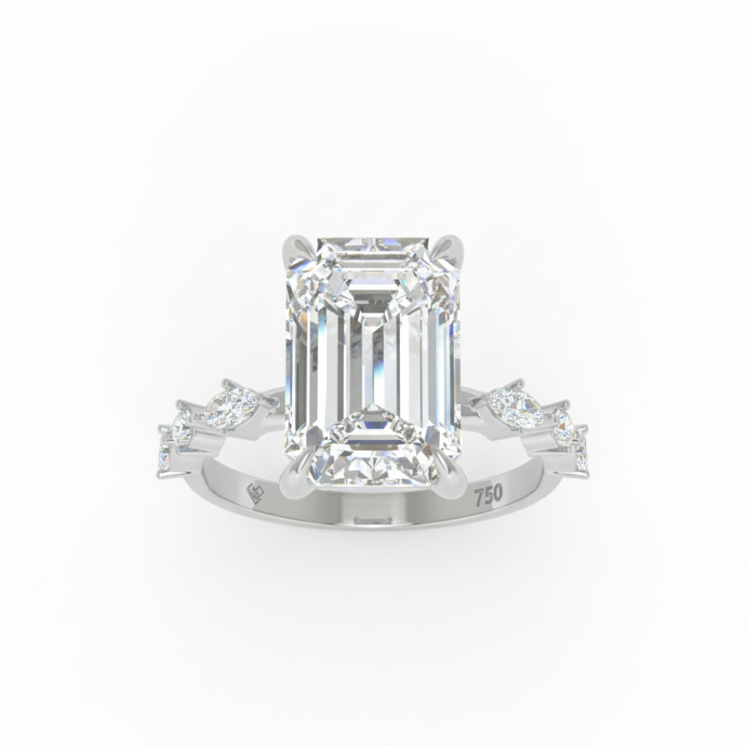 Elizabeth Emerald Cut Diamond Engagement Ring With A Marquise and Round Cut Diamond Band