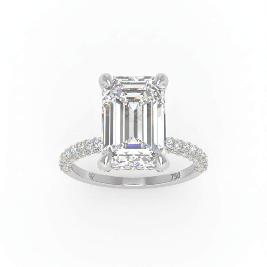 Mia Emerald Cut Diamond Engagement Ring with Diamond Hidden Halo and 3D Diamond Band