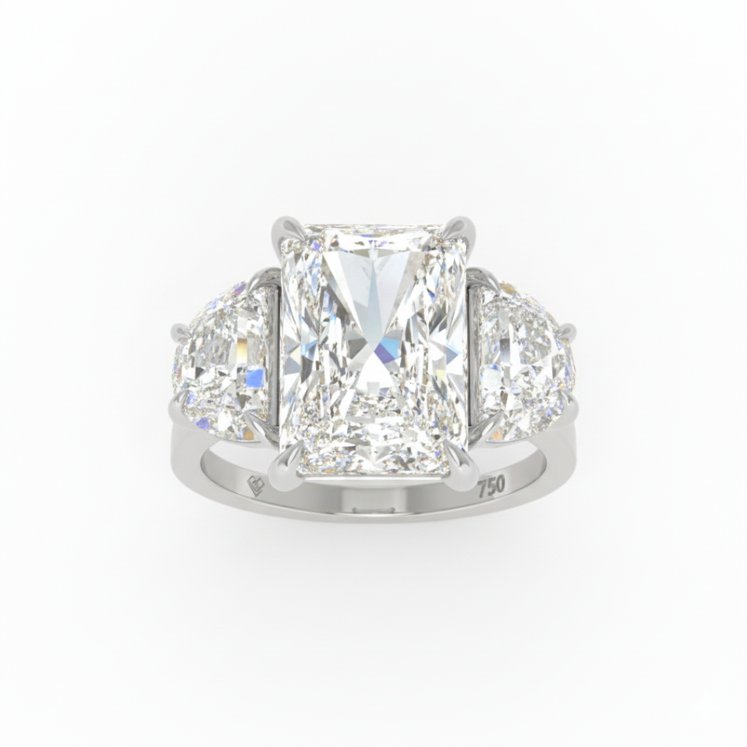 Kamala Radiant Cut Diamond Engagement Ring With Half Moon Cut Side Diamond