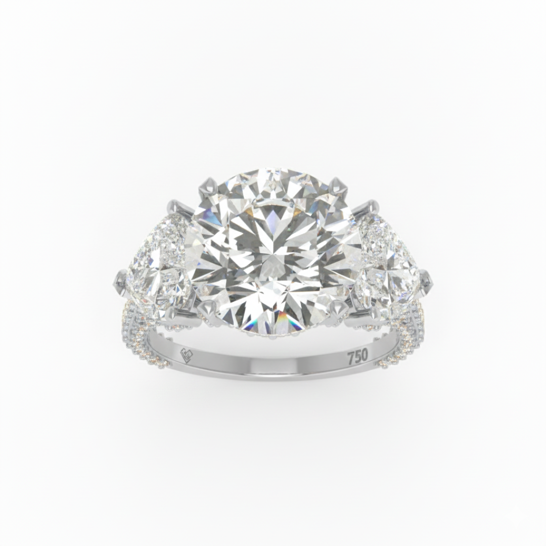 Victoria Round Brilliant Cut Diamond Engagement Ring with Heart Cut Side Diamonds and 3D Diamond Band
