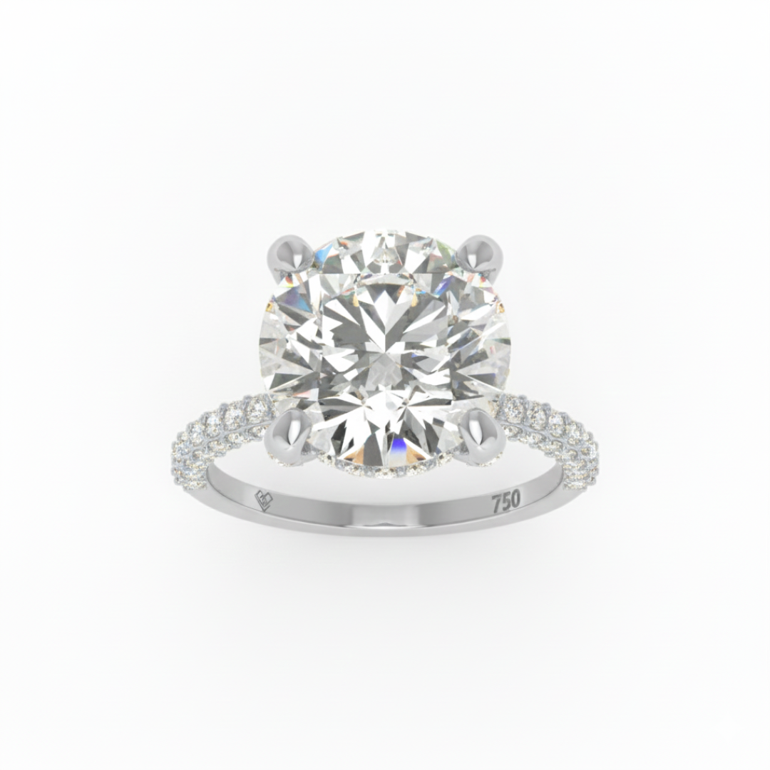 Bague de fiançailles Mia en diamant rond taille brillant avec halo de diamants cachés et anneau en diamant 3D