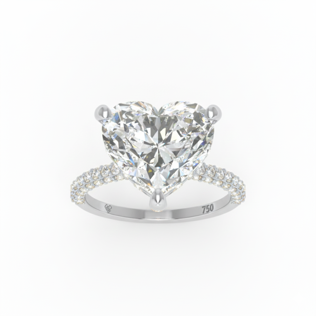 Bague de fiançailles Mia en diamant taille cœur avec halo de diamants cachés et anneau en diamant 3D