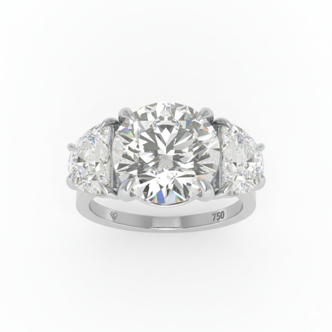Kamala Round Brilliant Cut Diamond Engagement Ring With Half Moon Cut Side Diamond