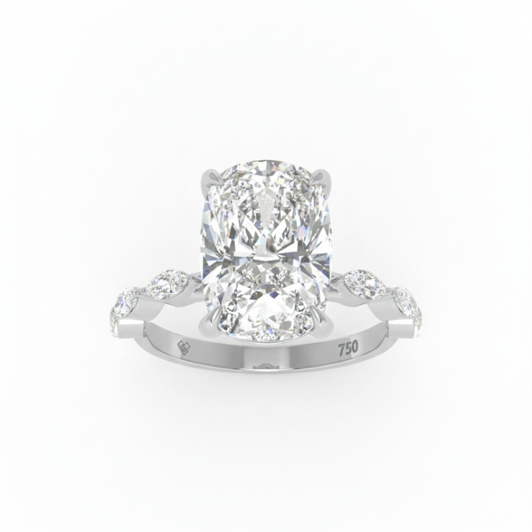 Kasandra Cushion Cut Diamond Engagement Ring With A Marquise Cut Diamond Band