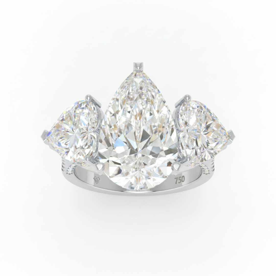 Victoria Pear Cut Diamond Engagement Ring with Heart Cut Side Diamonds and 3D Diamond Band