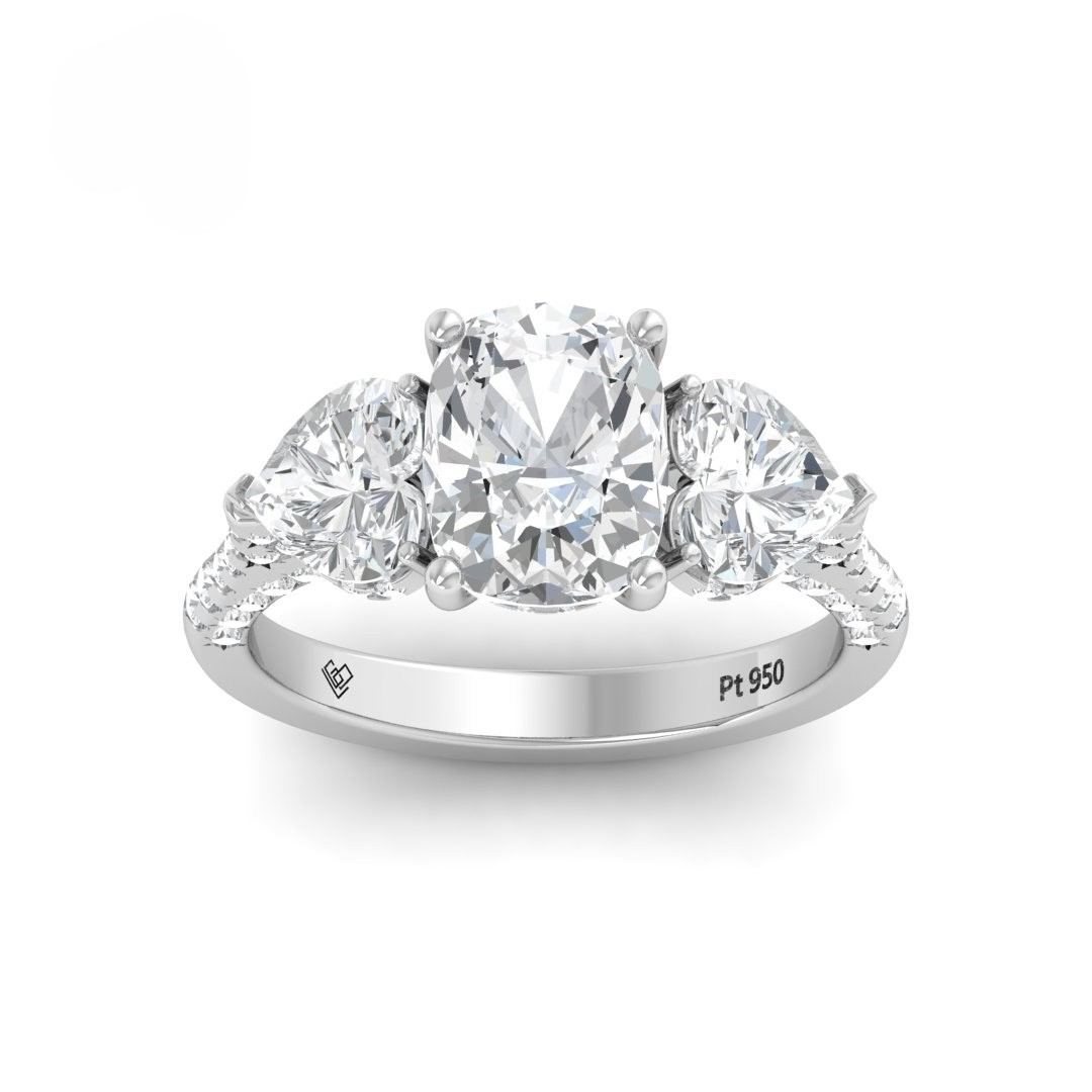 Victoria Cushion Cut Diamond Engagement Ring with Heart Cut Side Diamonds and 3D Diamond Band