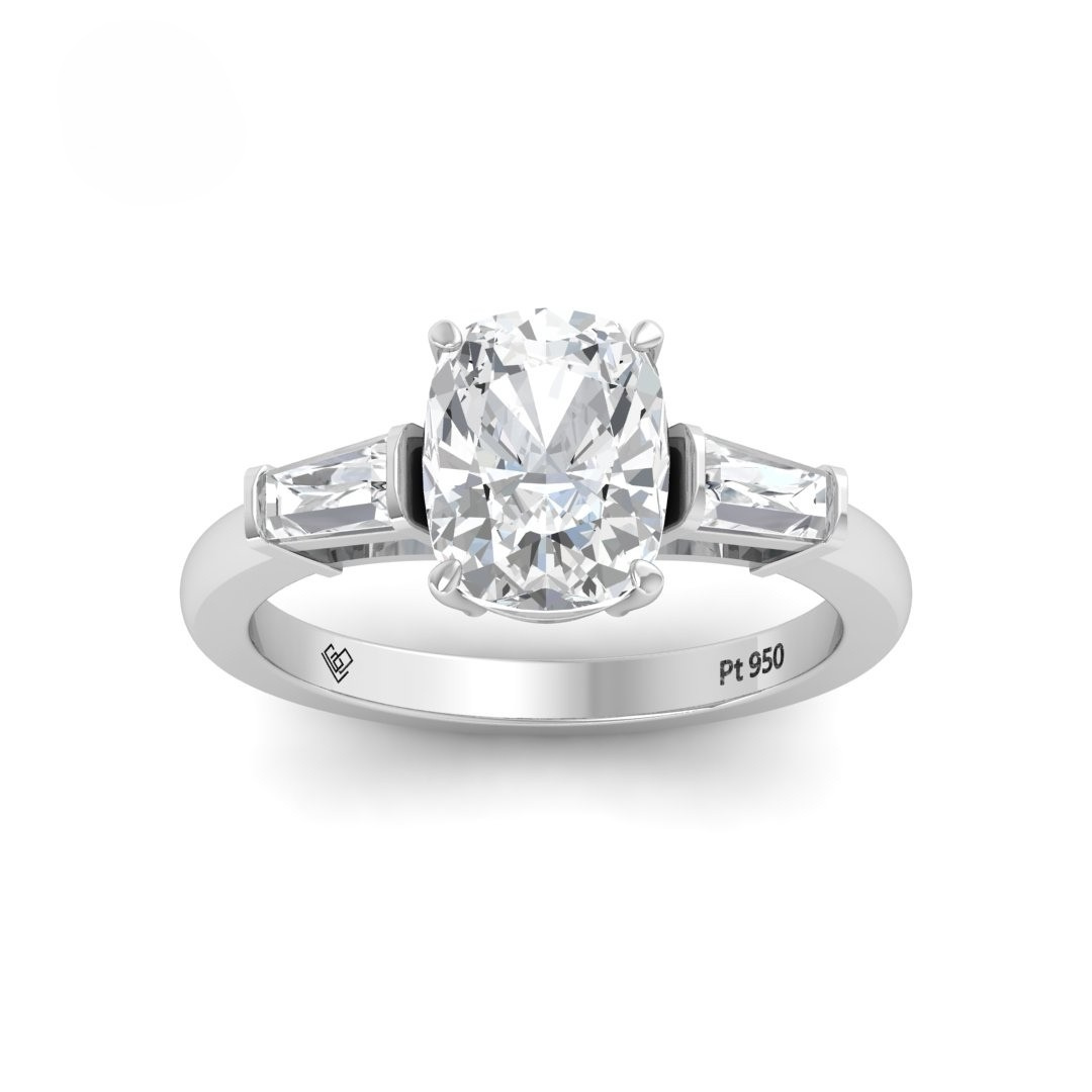 Mary Cushion Cut Diamond Engagement Ring with Tapering Baguette Cut Side Diamonds
