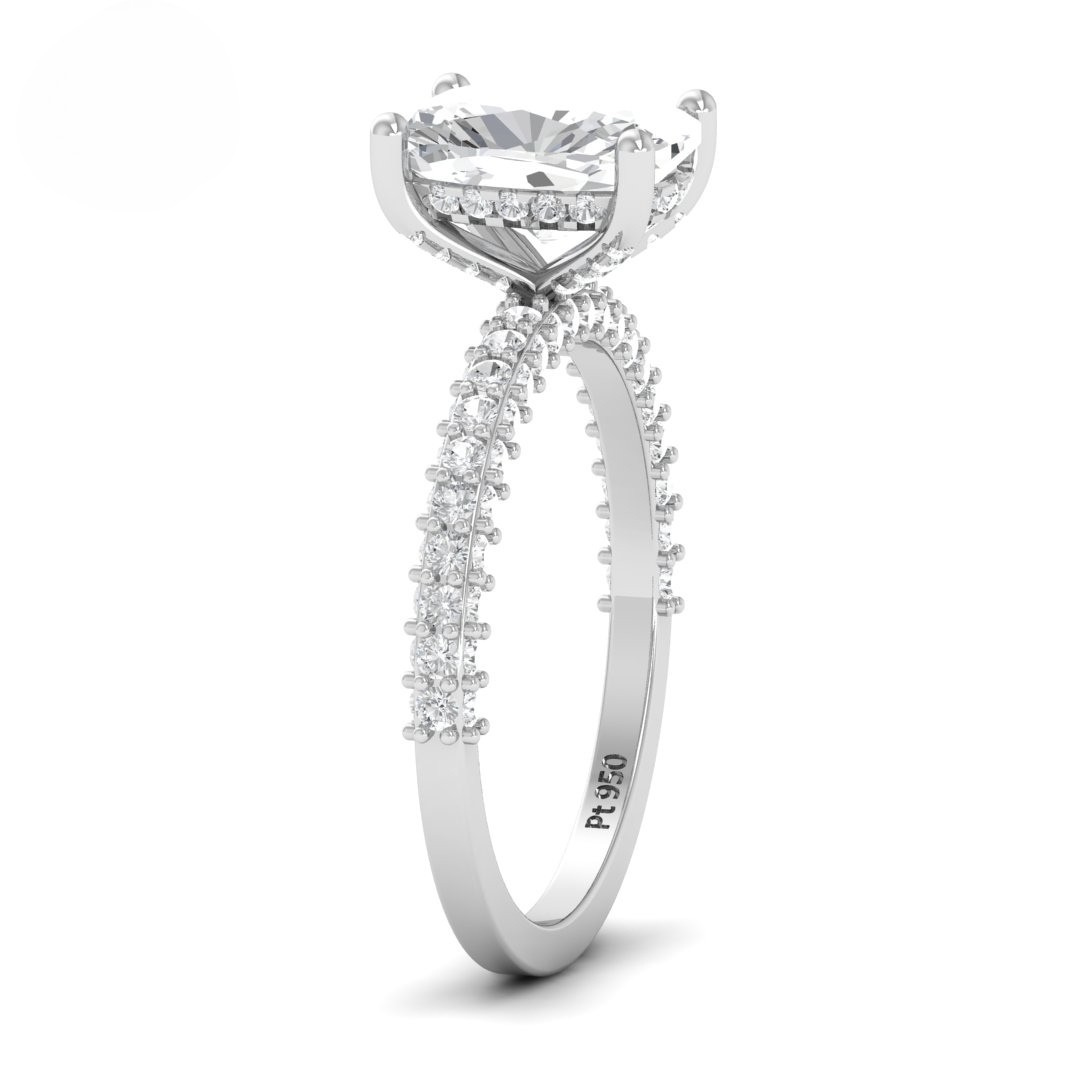 Mia Cushion Cut Diamond Engagement Ring with Diamond Hidden Halo and 3D Diamond Band