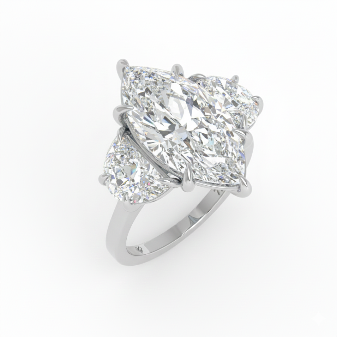Kamala Marquise Cut Diamond Enagement Ring with Half Moon Cut Side Diamonds
