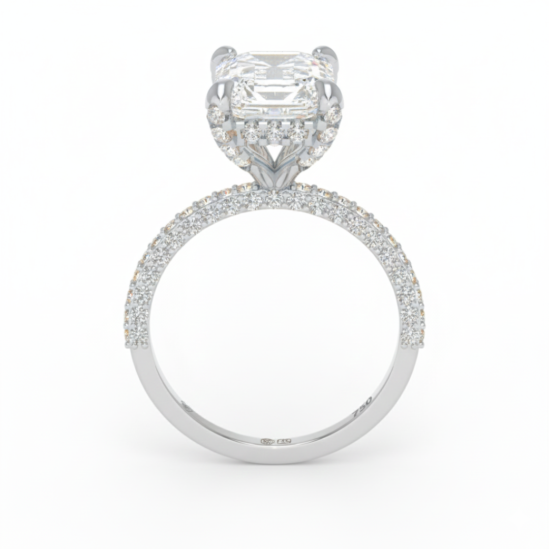 Mia Emerald Cut Diamond Engagement Ring with Diamond Hidden Halo and 3D Diamond Band