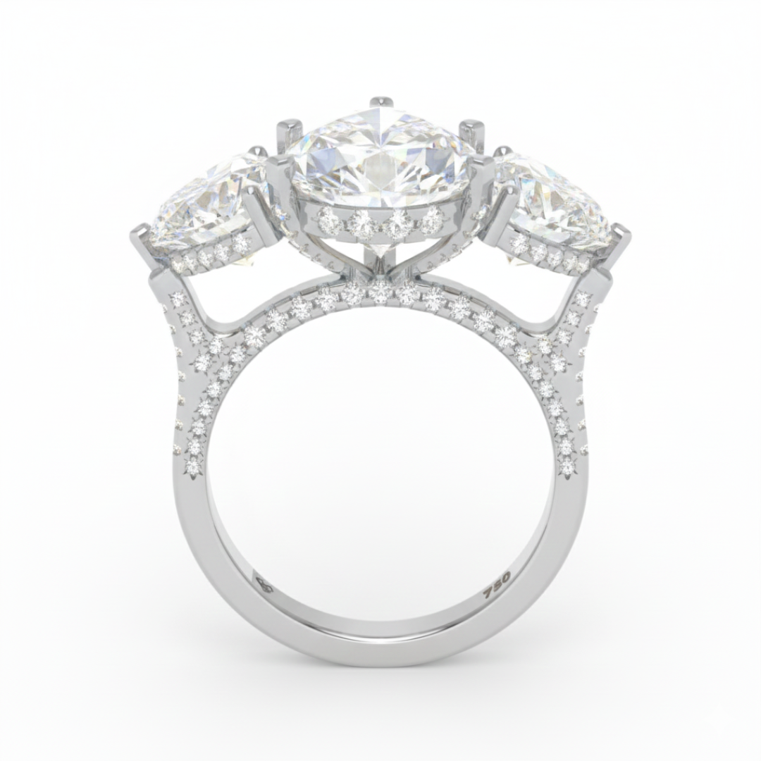 Victoria Pear Cut Diamond Engagement Ring with Heart Cut Side Diamonds and 3D Diamond Band