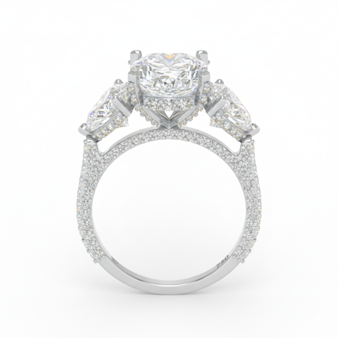Victoria Cushion Cut Diamond Engagement Ring with Heart Cut Side Diamonds and 3D Diamond Band
