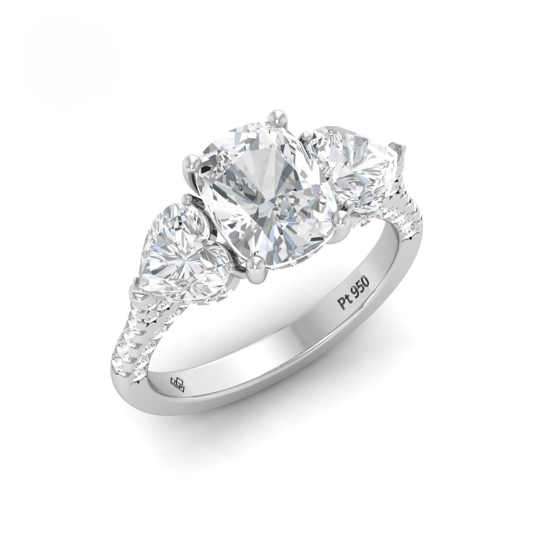 Victoria Cushion Cut Diamond Engagement Ring with Heart Cut Side Diamonds and 3D Diamond Band