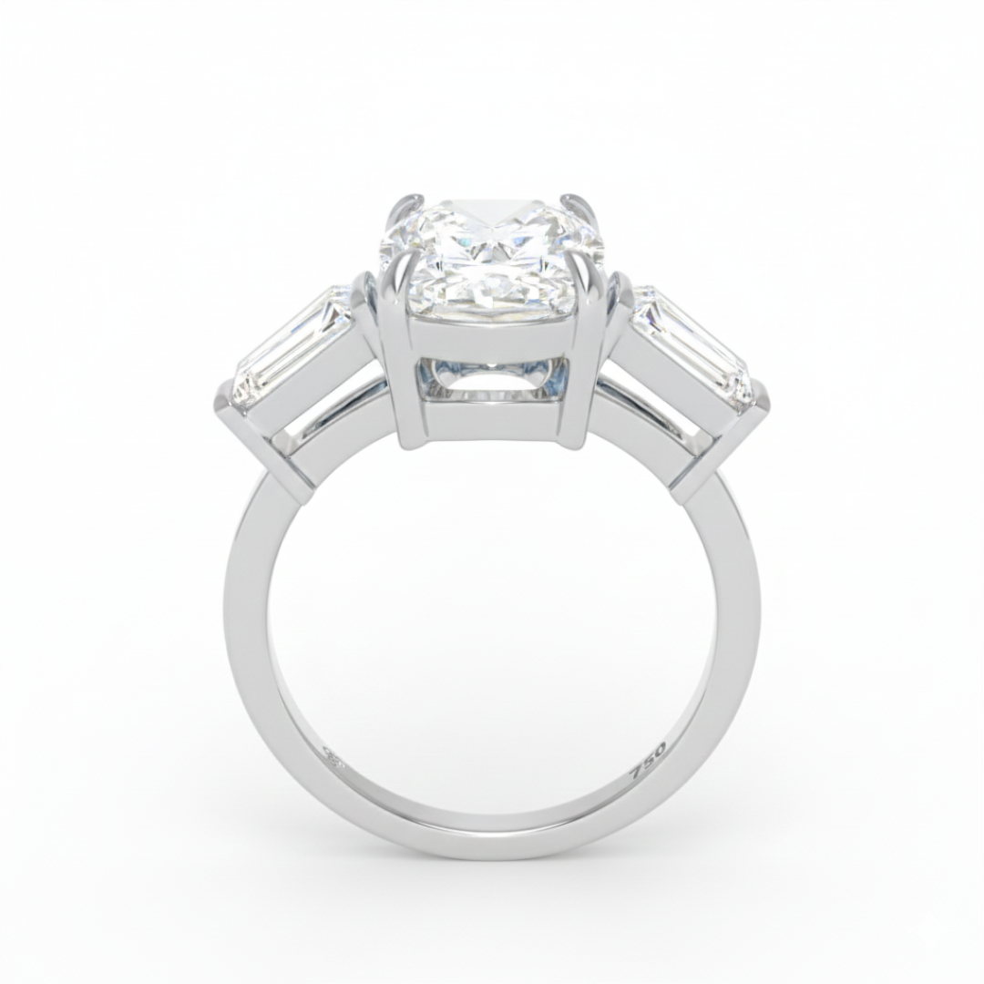 Mary Cushion Cut Diamond Engagement Ring with Tapering Baguette Cut Side Diamonds