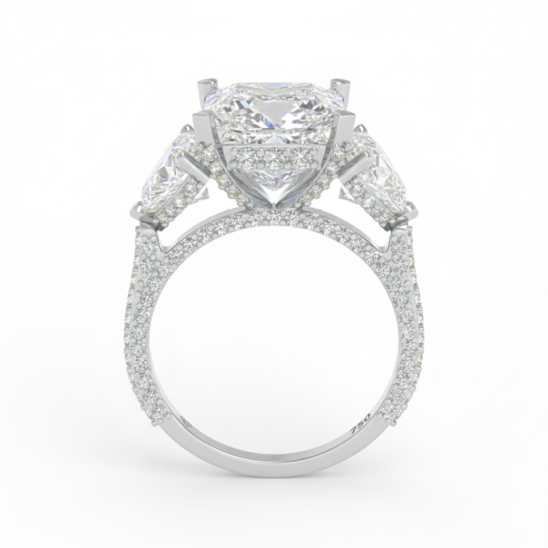 Victoria Princess Cut Diamond Engagement Ring with Heart Cut Side Diamonds and 3D Diamond Band