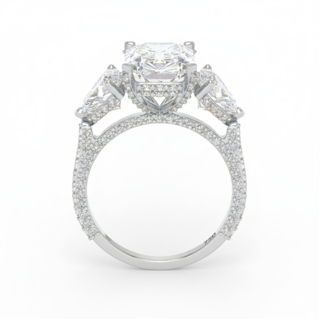 Victoria Emerald Cut Diamond Engagement Ring with Heart Cut Side Diamonds and 3D Diamond Band