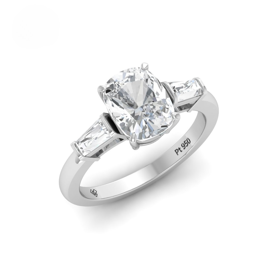 Mary Cushion Cut Diamond Engagement Ring with Tapering Baguette Cut Side Diamonds
