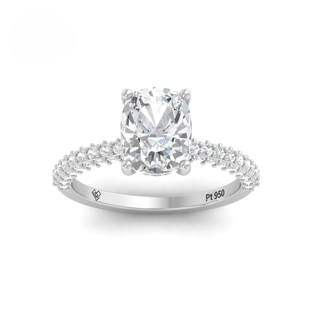 Mia Cushion Cut Diamond Engagement Ring with Diamond Hidden Halo and 3D Diamond Band