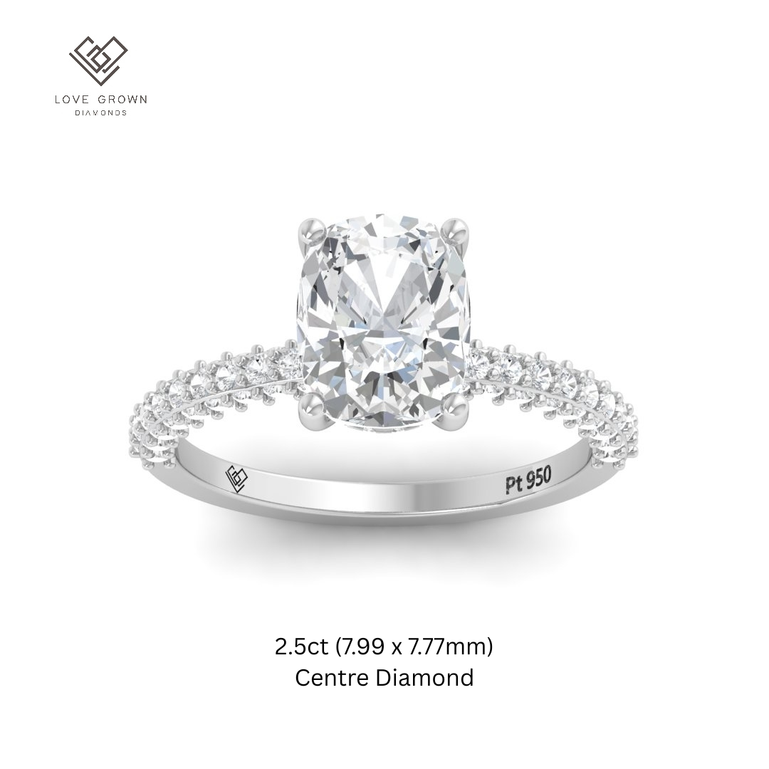 Mia Cushion Cut Diamond Engagement Ring with Diamond Hidden Halo and 3D Diamond Band