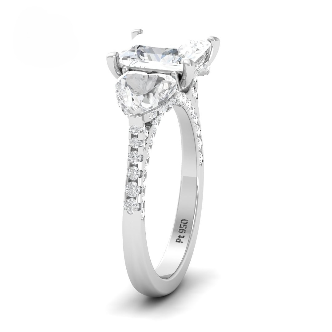 Victoria Princess Cut Diamond Engagement Ring with Heart Cut Side Diamonds and 3D Diamond Band