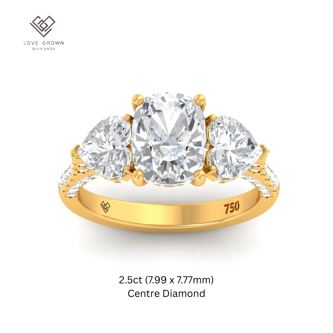Victoria Cushion Cut Diamond Engagement Ring with Heart Cut Side Diamonds and 3D Diamond Band