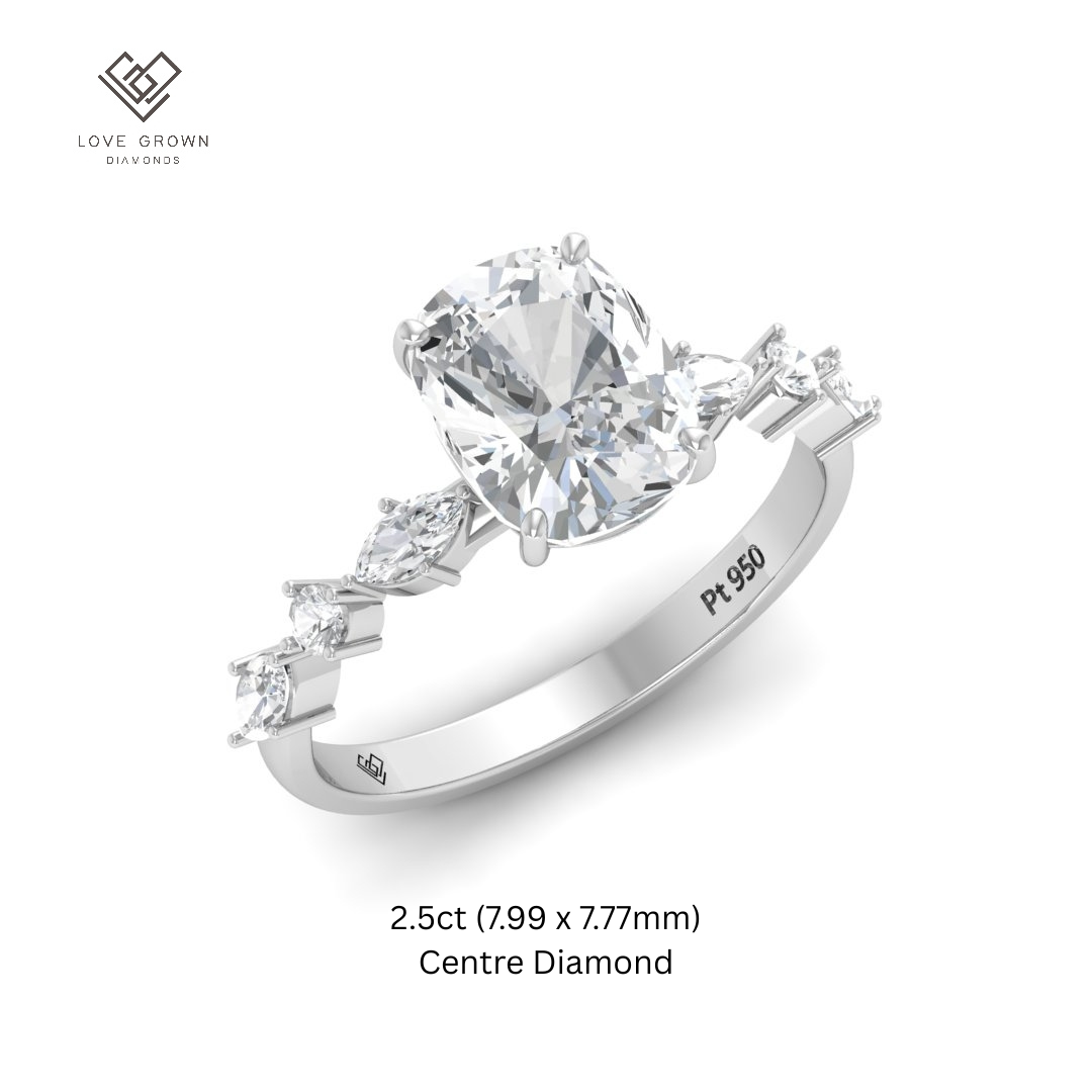 Elizabeth Cushion Diamond Engagement Ring With A Marquise and Round Cut Diamond Band
