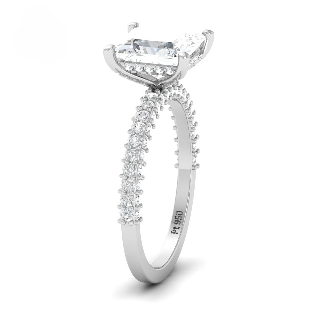 Bague de fiançailles Mia en diamant taille princesse avec halo de diamants cachés et anneau en diamant 3D
