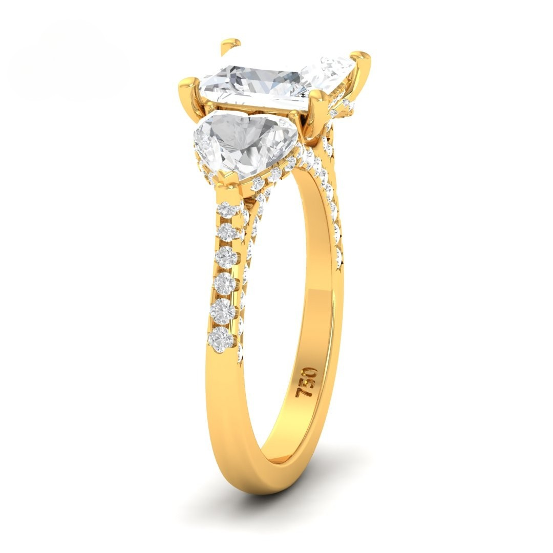 Victoria Princess Cut Diamond Engagement Ring with Heart Cut Side Diamonds and 3D Diamond Band