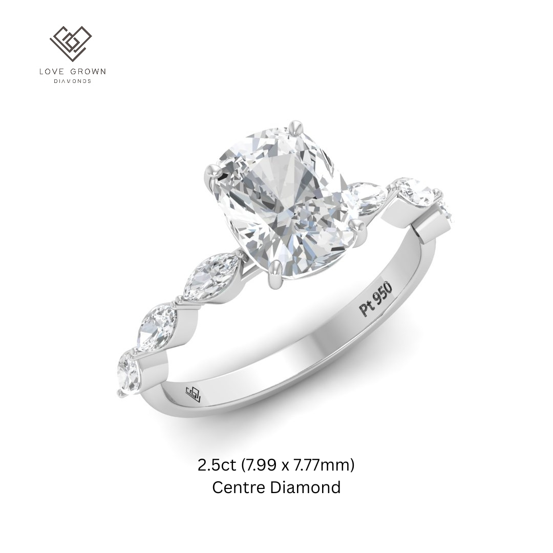 Kasandra Cushion Cut Diamond Engagement Ring With A Marquise Cut Diamond Band
