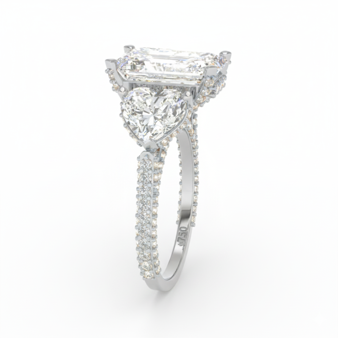 Victoria Emerald Cut Diamond Engagement Ring with Heart Cut Side Diamonds and 3D Diamond Band